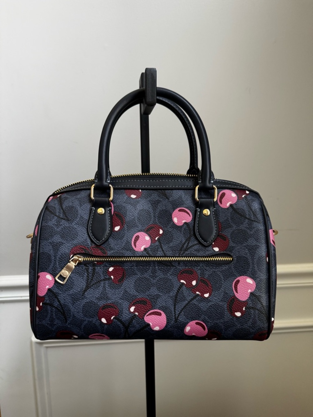 Coach Navy Signature Regular Satchel with Pink & Red Cherry Print - Picture 2 of 4